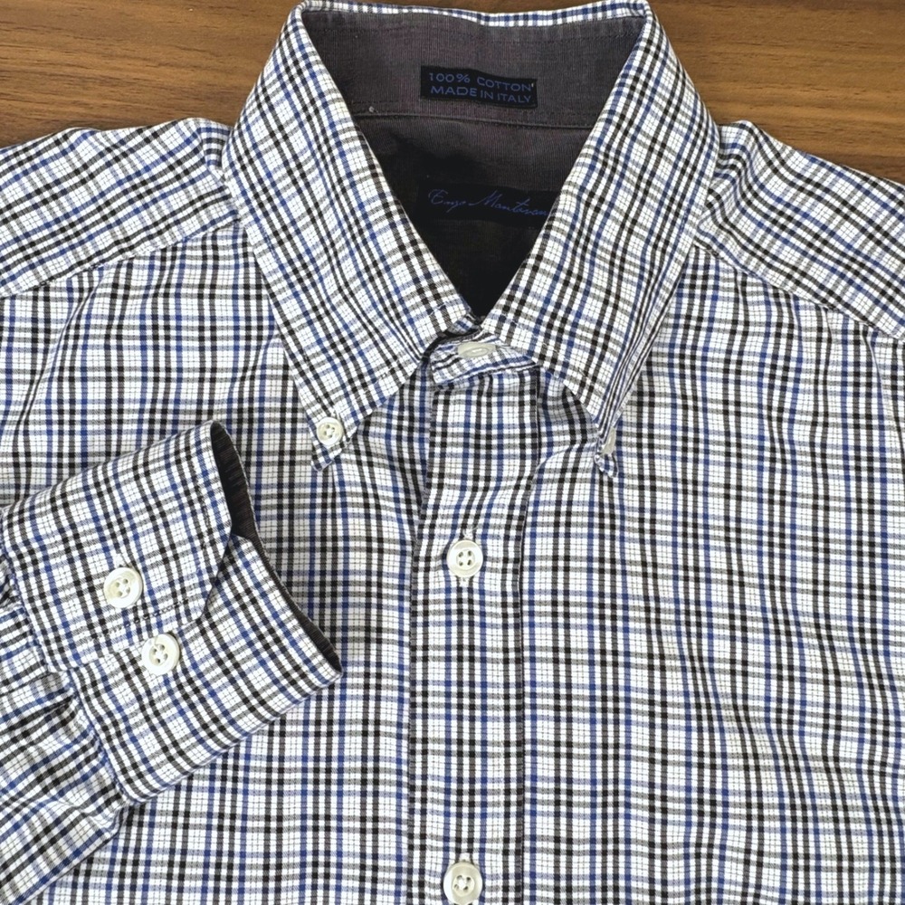 Enzo Mantovani Button Down Shirt Mens Medium Blue Plaid Italian Cotton Preppy